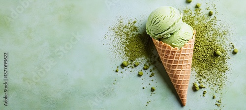 Green Tea Ice Cream Scoops in a Waffle Cone on a Green Background with Matcha Powder, Top View