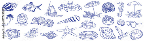 Set of hand drawn illustration summer vacation . Vector ink hand drawn seaside, beach and vacation elements. Collection of nautical vibes for invitations, posters, posters.