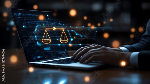 Digital Scales of Justice:  Laptop Screen with Glowing Legal Symbol, Modern Tech Style
