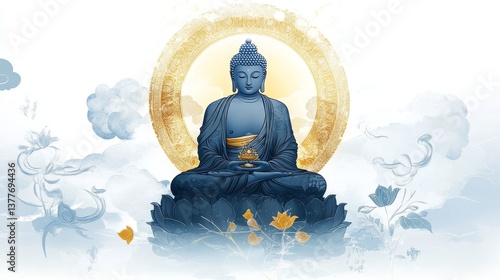 Serene blue buddha meditation with golden halo and lotus blossoms