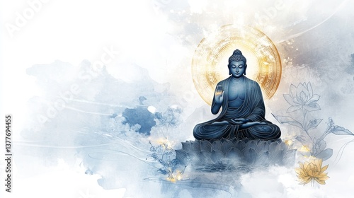 Fototapeta Naklejka Na Ścianę i Meble -  Serene buddha on lotus with lotus flowers and golden halo in tranquil watercolor background