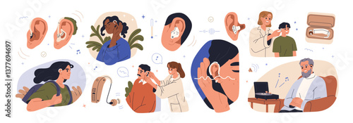 Hearing aid for deaf people. Auditory device, earmould, healthcare for ear health problem. Deafness, audiology, otolaryngology concept set. Flat vector illustrations isolated on white background