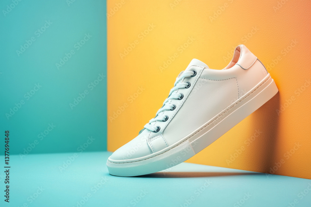 Stylish white sneaker on bright background with pastel colors, Fashionable sport shoe with colorful backdrop, Studio shot of shoes for shop advertisement, creative minimalist style