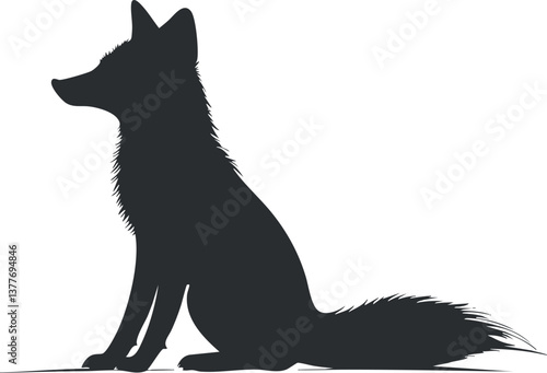 Silhouette of a sitting fox with detailed fur and bushy tail, isolated on white background.