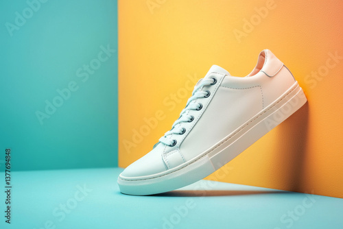 Obraz na płótnie Stylish white sneaker on bright background with pastel colors, Fashionable sport shoe with colorful backdrop, Studio shot of shoes for shop advertisement, creative minimalist style w salonie