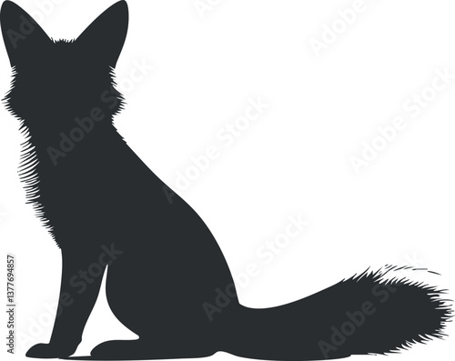 Silhouette of a sitting fox with prominent ears and bushy tail in a minimalist style.