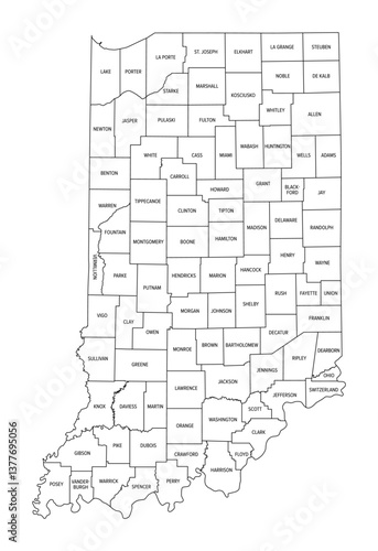 State of Indiana subdivided into 92 counties, outline map. State in the Midwestern region of the United States, nicknamed The Hoosier State. Map with boundaries and county names. Isolated. Vector