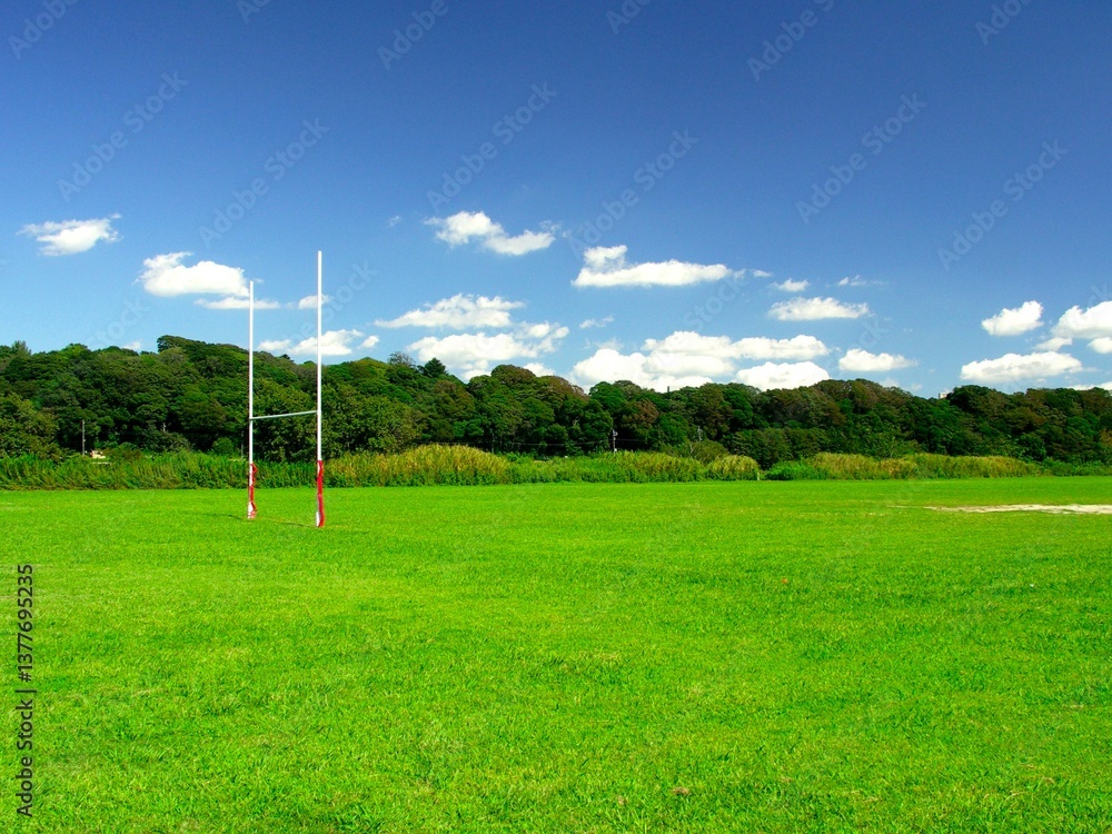 Fototapeta premium ラグビーのゴールポストのある秋の江戸川河川敷風景 