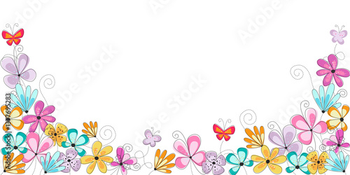 Bright easter border with colorful flowers and butterflies. Easter celebration background. Seamless spring border for card, invitation.