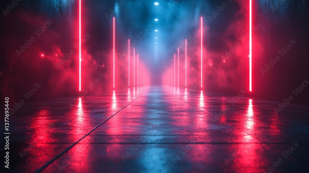 Futuristic neon corridor with red and blue lights in misty atmosphere Futuristic neon corridor with red and blue lights in misty atmosphere