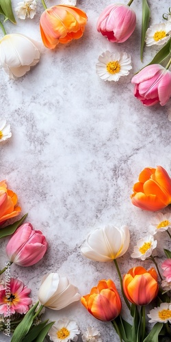 Colorful spring background. Variety of tulips and gerbera flowers on a gray marble background.