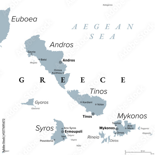 Andros, Mykonos, Tinos, and Syros, islands in Greece, gray political map. Greek islands and northern part of the island group Cyclades in the Aegean Sea. Map with capitals and most important towns.