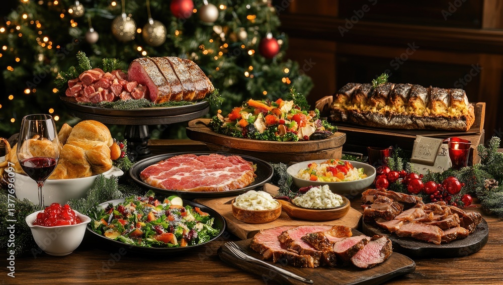 Festive Christmas feast with various dishes Festive Christmas feast with various dishes