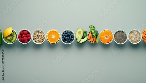 Colorful array of fresh fruits and vegetables in small bowls.  A variety of nutritious foods presented for a healthy diet