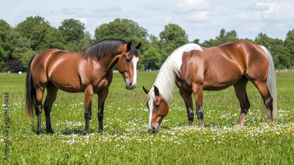 A sunny meadow with grazing horses and blooming buttercups, A sunny meadow with grazing horses and blooming buttercups,