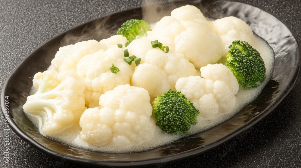 Steamed cauliflower and broccoli in creamy sauce Steamed cauliflower and broccoli in creamy sauce