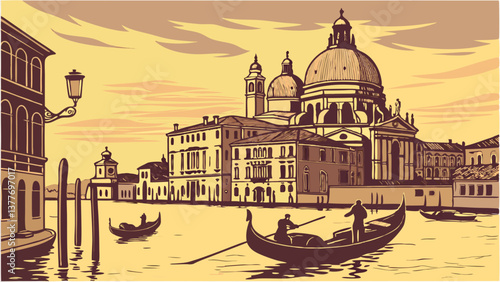 Breathtaking Vector Illustration of Venice Grand Canal at Sunset. Perfect for: Carnival of Venice, Valentine's Day, Italy