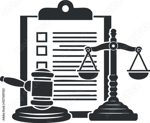 Silhouette of legal symbols including a gavel, scales, and document representing justice and law.