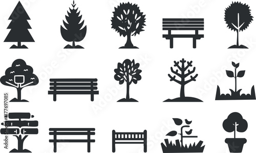 Set of tree and bench silhouettes for park and nature themed design elements.