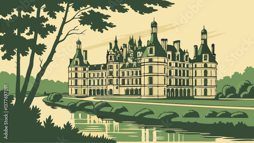 Elegant Vector Scene of Château de Chambord with River Reflection. Perfect for: Bastille Day, France