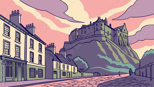 Colorful Vector Artwork of Edinburgh Castle with a Vibrant Skyline. Perfect for: St. Andrew's Day, Hogmanay, Scotland