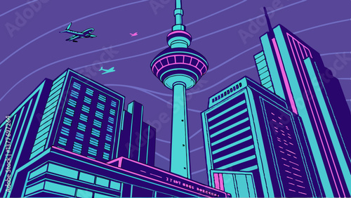 Cyberpunk Vector Artwork of Seoul’s Namsan Tower with Neon Lights. Perfect for: Seoul Lantern Festival, South Korea