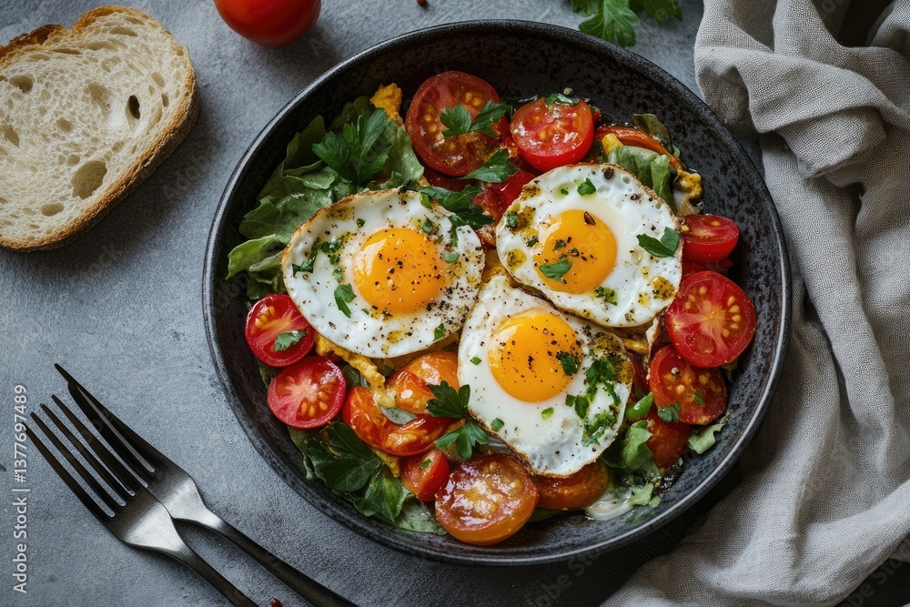 Fried eggs with cherry tomatoes and greens Fried eggs with cherry tomatoes and greens