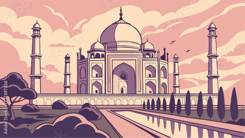 Dreamy Vector Artwork of the Taj Mahal at Sunrise with Pastel Tones. Perfect for: Diwali, Valentine's Day, India