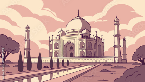 Dreamy Vector Artwork of the Taj Mahal at Sunrise with Pastel Tones. Perfect for: Diwali, Valentine's Day, India