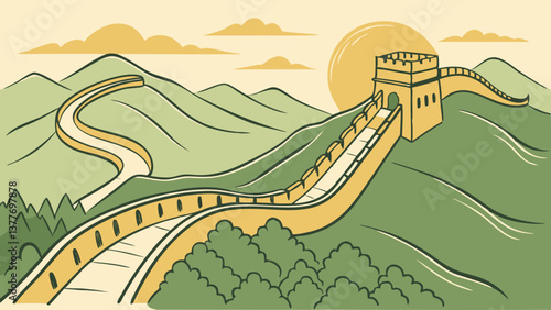 Flat Design Vector of the Great Wall of China at Sunrise. Perfect for: Chinese New Year, China