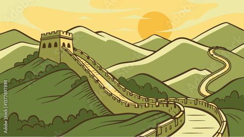 Flat Design Vector of the Great Wall of China at Sunrise. Perfect for: Chinese New Year, China