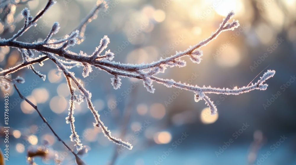 Delicate branches coated in frost sparkle under the warm glow of the morning sun. The tranquil winter landscape invites a sense of calm and beauty in nature Delicate branches coated in frost sparkle under the warm glow of the morning sun. The tranquil winter landscape invites a sense of calm and beauty in nature