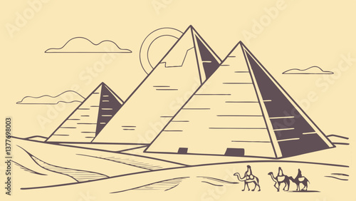Flat Design Vector of the Pyramids of Giza Under a Golden Sky. Perfect for: World Heritage Day, Egypt