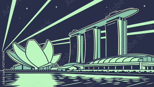 Futuristic Vector of Marina Bay Sands with Night Reflections. Perfect for: National Day of Singapore, Singapore
