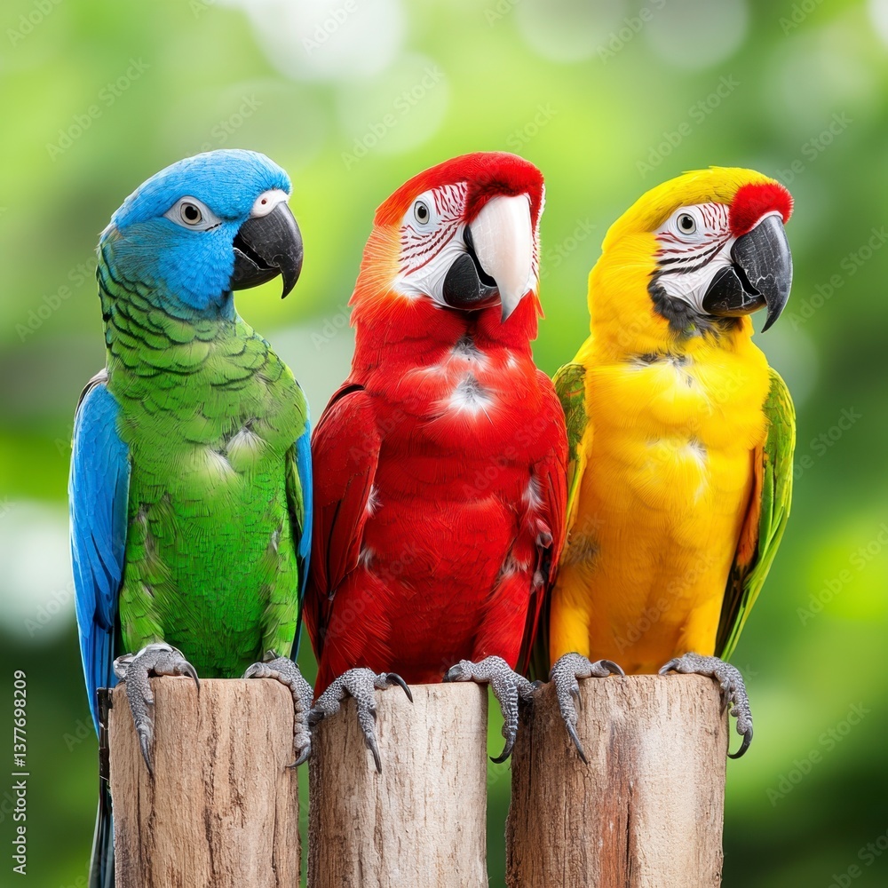 Obraz premium Three vibrant parrots, blue, red, and yellow, perched on weathered wooden posts against a blurred green background. The lighting is soft and natural, creating a tranquil atmosphere.