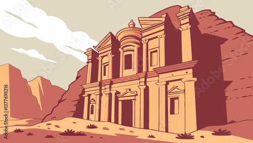 Geometric Vector of Petra’s Ancient Rock-Cut Architecture in Desert Light. Perfect for: Jordan Independence Day, Petra