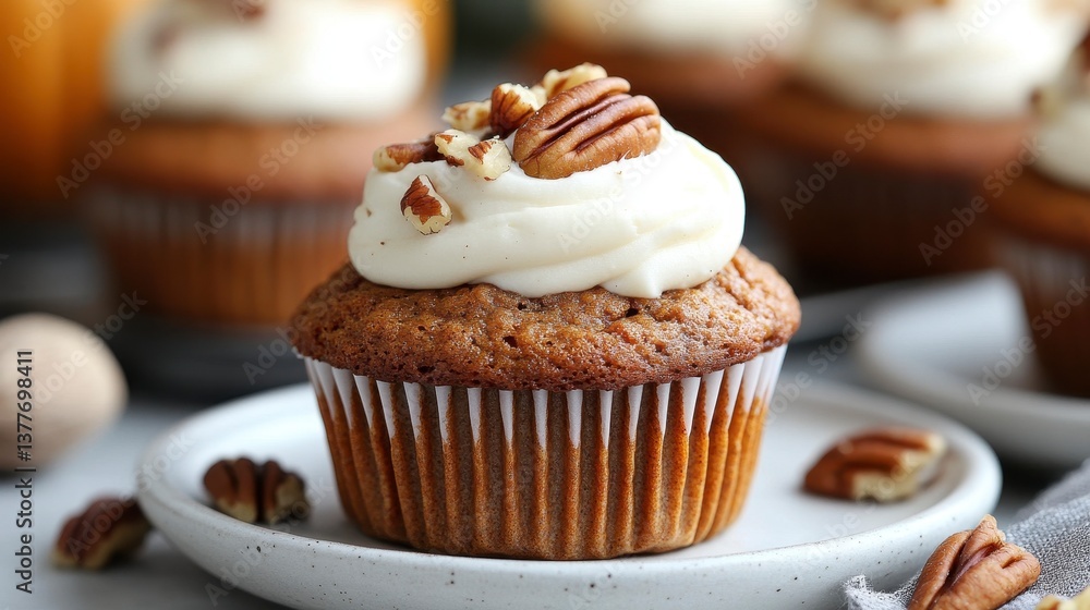 Delicious Single Cupcake with Cream Frosting and Pecans on Top Delicious Single Cupcake with Cream Frosting and Pecans on Top