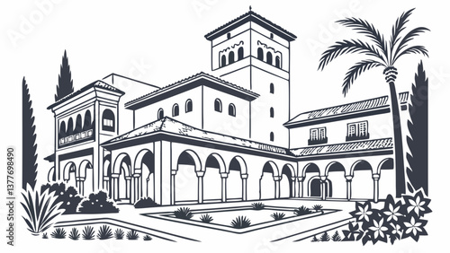 Minimalist Vector of the Alhambra in Spain with Islamic Architecture. Perfect for: Spain National Day, Granada, Spain