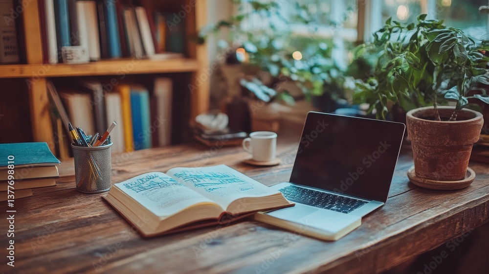Cozy Study Space with Open Book and Laptop Surrounded by Greenery Cozy Study Space with Open Book and Laptop Surrounded by Greenery