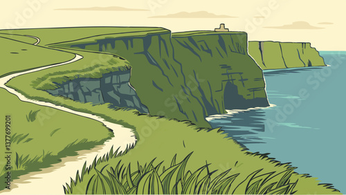 Soft Pastel Vector of the Cliffs of Moher Overlooking the Atlantic. Perfect for: St. Patrick’s Day, Ireland