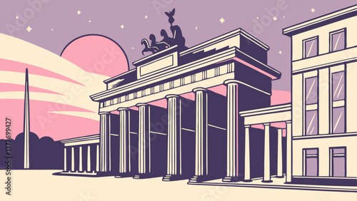 Flat Design Vector of Brandenburg Gate at Twilight. Perfect for: German Unity Day, Germany
