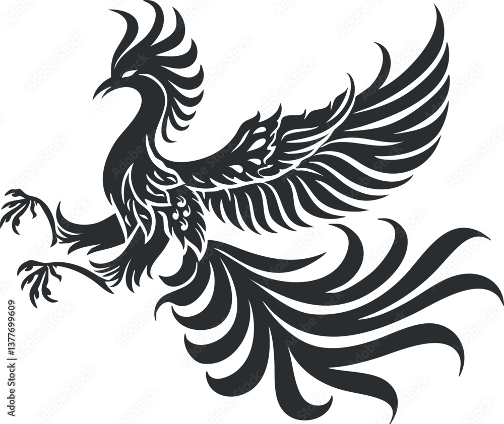 Obraz premium Black silhouette illustration of a phoenix bird with spread wings and decorative feathers.