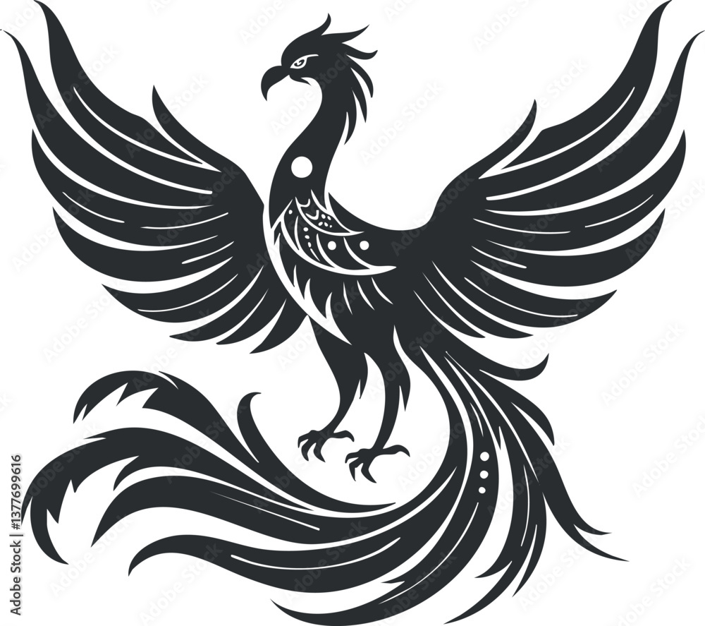 Fototapeta premium Black silhouette of a phoenix with detailed wings and tail, symbolizing rebirth and mythology.
