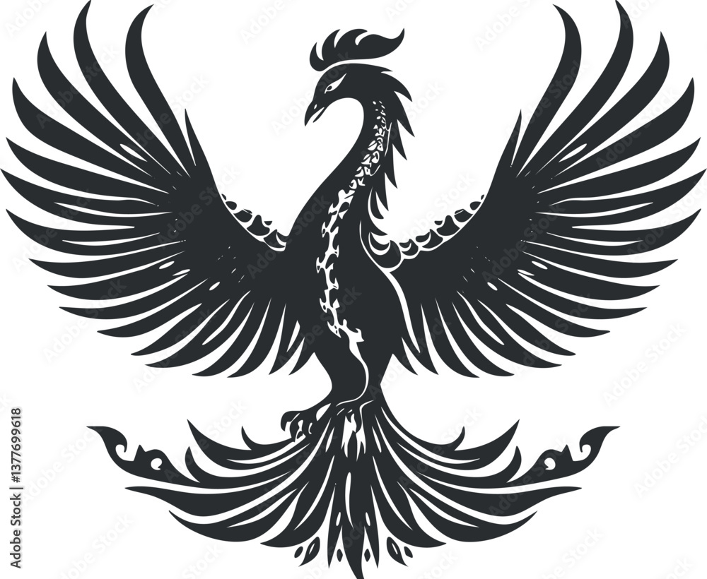 Obraz premium Black silhouette of a mythical phoenix with outstretched wings, ideal for tattoo or design use.