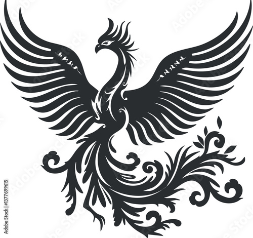 Black silhouette of a phoenix with elaborate wings and tail, symbolizing rebirth and myth.