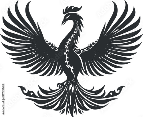 Black silhouette of a mythical phoenix with outstretched wings, ideal for tattoo or design use.