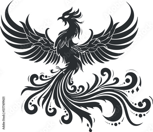 Intricate black and white phoenix illustration with ornamental details, symbolizing rebirth and strength.