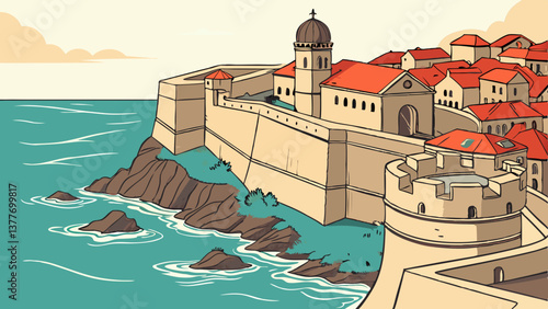 Stylized Vector of Dubrovnik Old Town with Medieval Walls and Terracotta Rooftops. Perfect for: Summer Vacation, Croatia