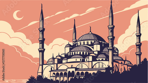 Vector of the Blue Mosque in Istanbul with Majestic Domes and Sunset Sky. Perfect for: Ramadan, Eid al-Fitr, Turkey