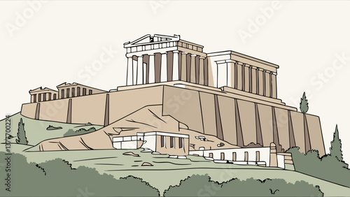 Vector of the Acropolis of Athens with the Parthenon Overlooking the City. Perfect for: Greek Independence Day, Greece